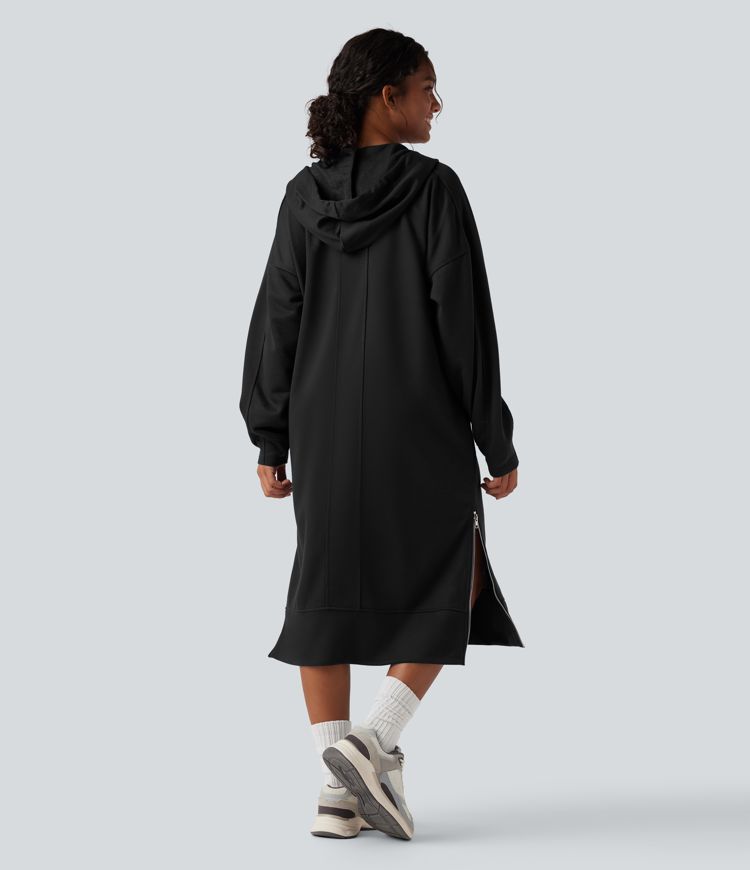 Hooded Drawstring Long Sleeve Zipper Hem Midi Casual Sweatshirt Dress with Pockets Hooded Drawstring Long Sleeve Zipper Hem Midi Casual Sweatshirt Dress with Pockets