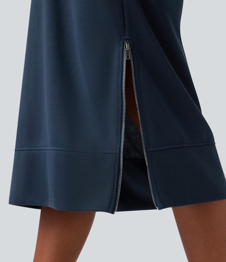 Hooded Drawstring Long Sleeve Zipper Hem Midi Casual Sweatshirt Dress with Pockets