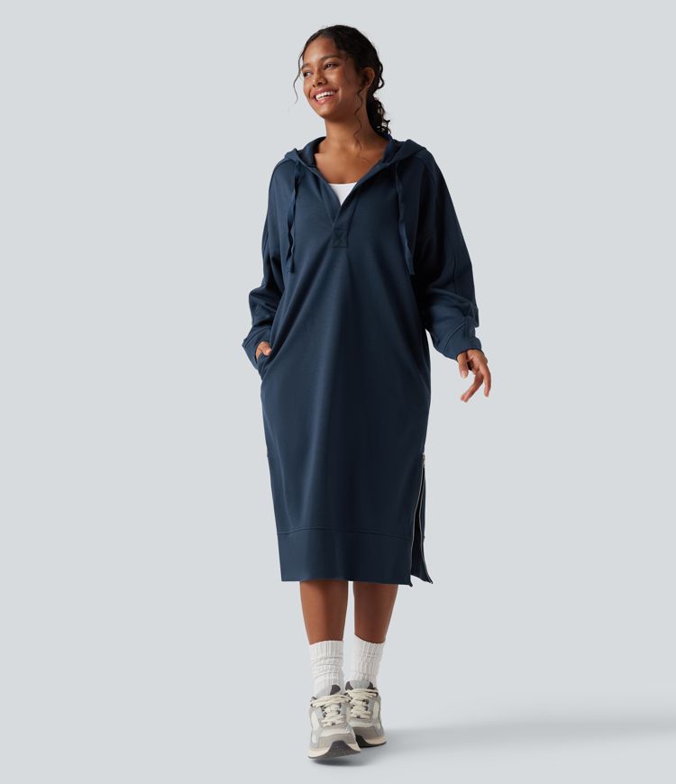 Hooded Drawstring Long Sleeve Zipper Hem Midi Casual Sweatshirt Dress with Pockets
