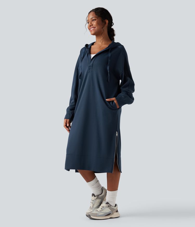 Hooded Drawstring Long Sleeve Zipper Hem Midi Casual Sweatshirt Dress with Pockets