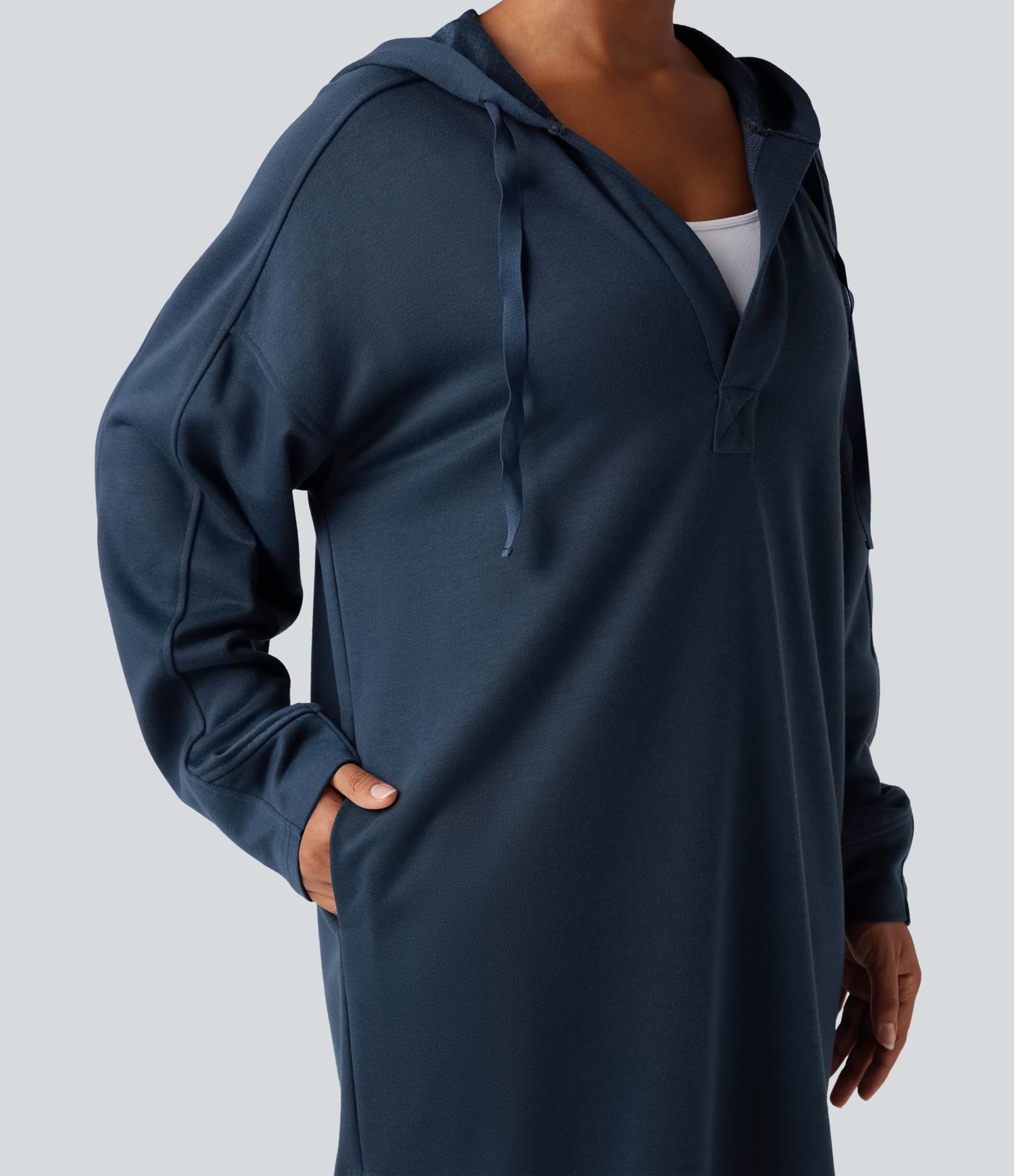 Hooded Drawstring Long Sleeve Zipper Hem Midi Casual Sweatshirt Dress with Pockets