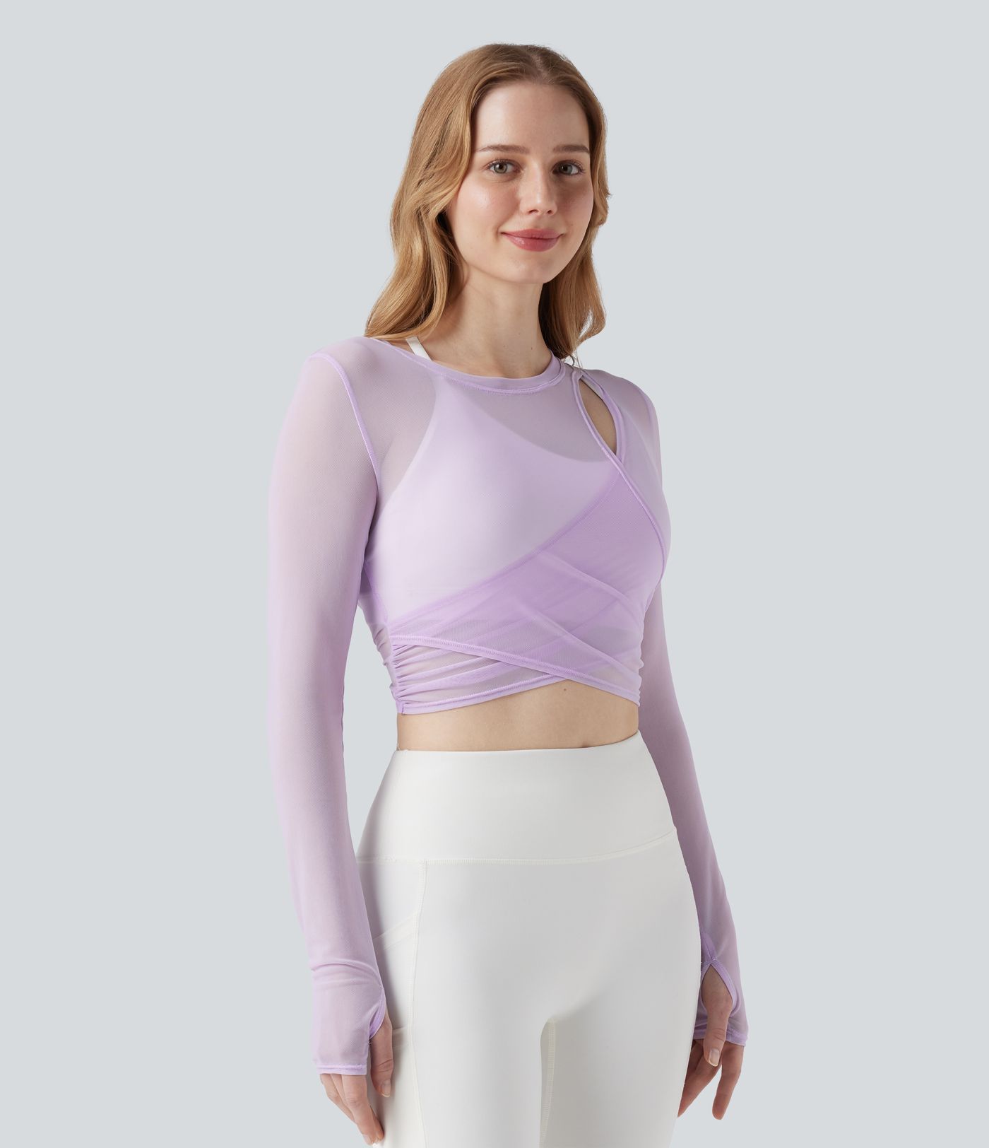 Long Sleeve Thumb Holes Crossover Tie Back Sheer Mesh Dance Sports Top