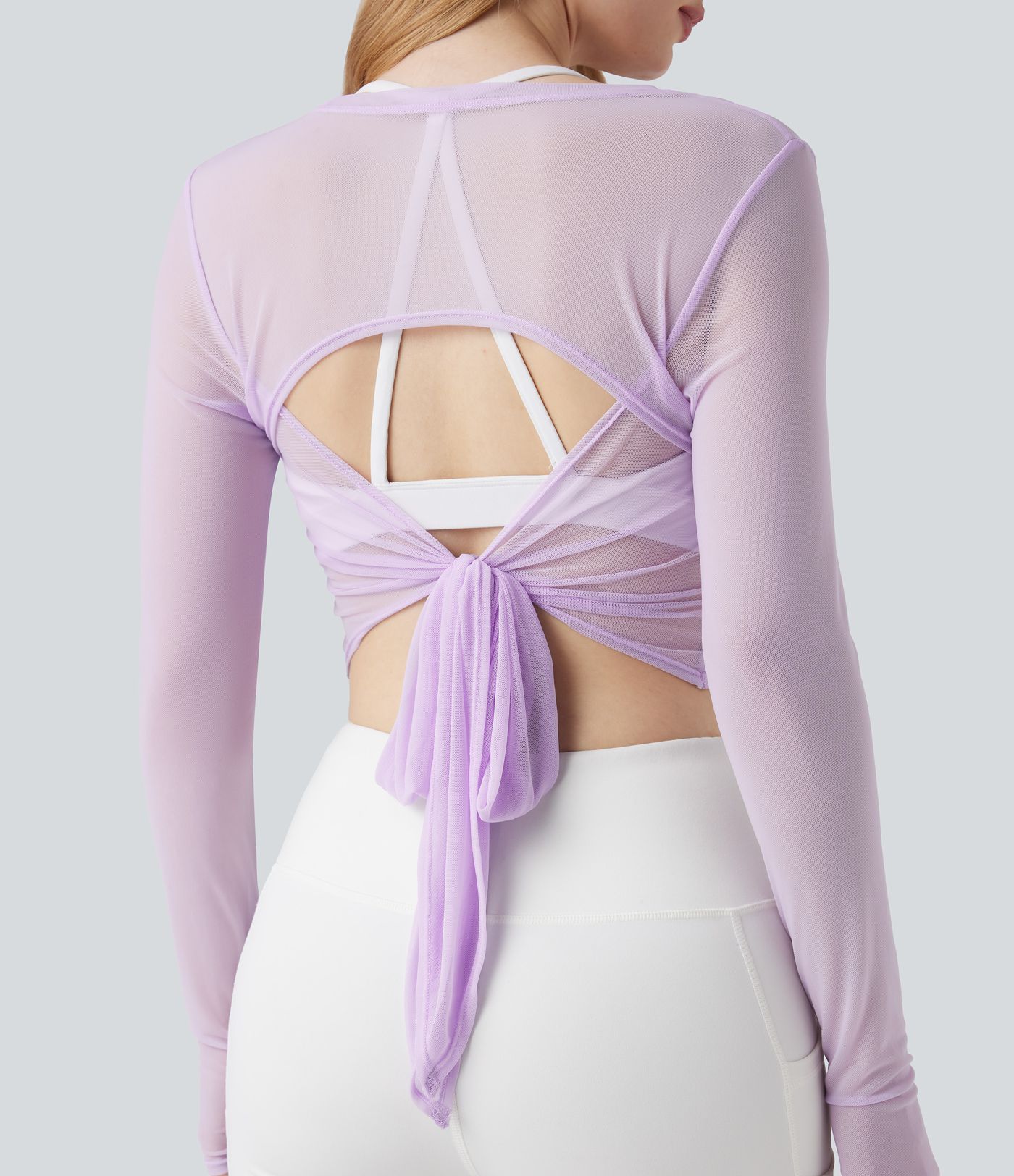 Long Sleeve Thumb Holes Crossover Tie Back Sheer Mesh Dance Sports Top