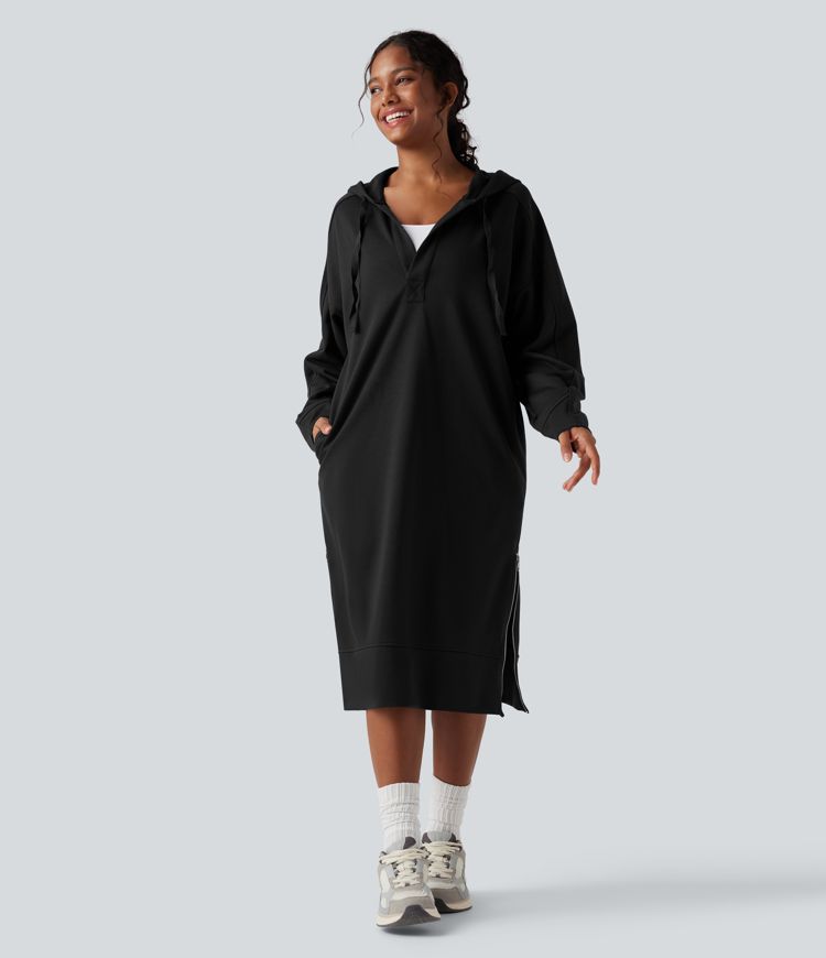 Hooded Drawstring Long Sleeve Zipper Hem Midi Casual Sweatshirt Dress with Pockets Hooded Drawstring Long Sleeve Zipper Hem Midi Casual Sweatshirt Dress with Pockets