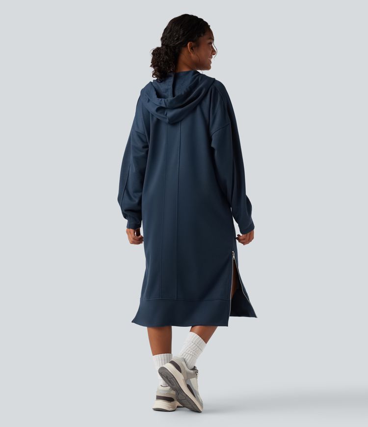 Hooded Drawstring Long Sleeve Zipper Hem Midi Casual Sweatshirt Dress with Pockets