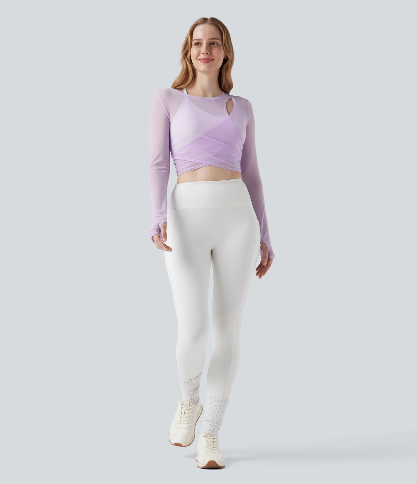 Long Sleeve Thumb Holes Crossover Tie Back Sheer Mesh Dance Sports Top