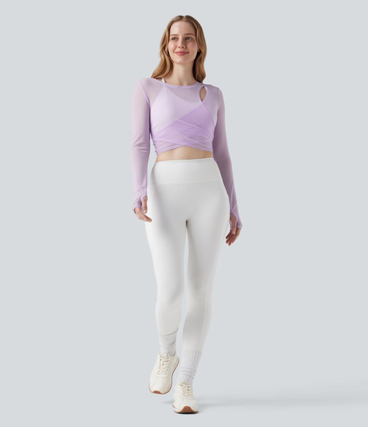 Long Sleeve Thumb Holes Crossover Tie Back Sheer Mesh Dance Sports Top