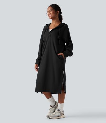 Hooded Drawstring Long Sleeve Zipper Hem Midi Casual Sweatshirt Dress with Pockets Hooded Drawstring Long Sleeve Zipper Hem Midi Casual Sweatshirt Dress with Pockets
