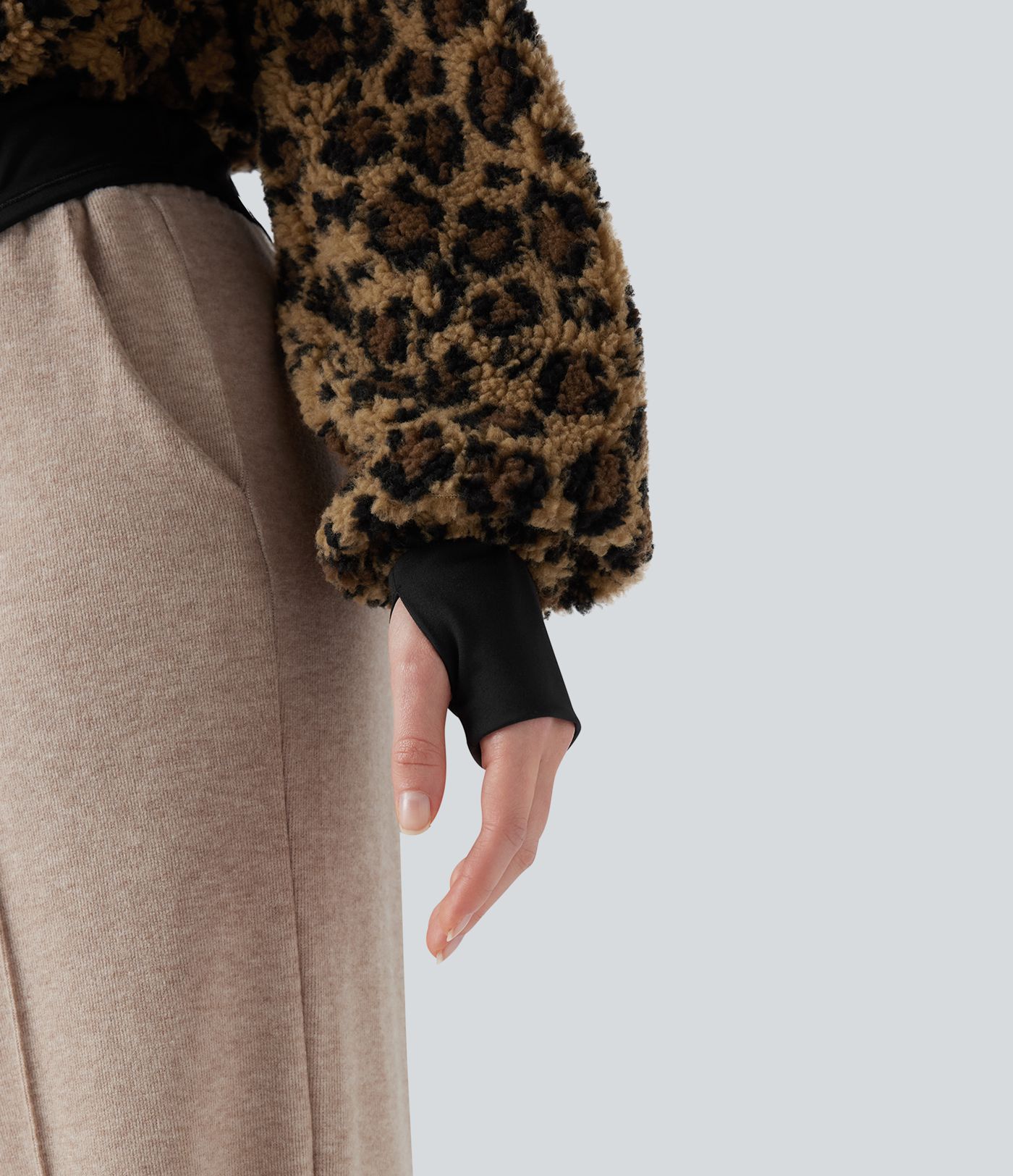 3-in-1 Stand Collar Long Sleeve Thumb Holes Jacket & Drawstring Hem Sherpa Jacket with Pockets