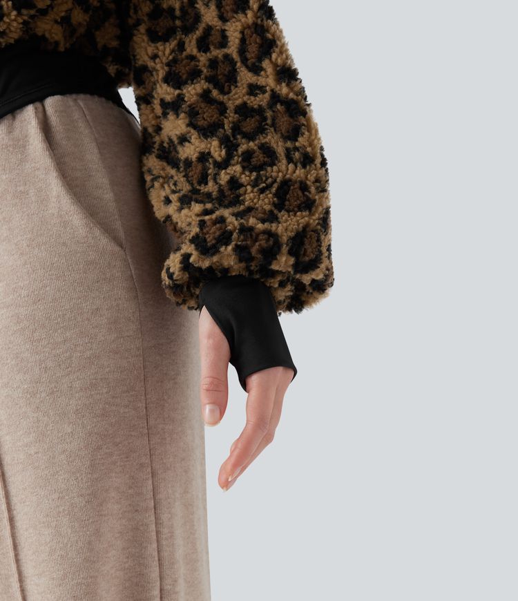 3-in-1 Stand Collar Long Sleeve Thumb Holes Jacket & Drawstring Hem Sherpa Jacket with Pockets