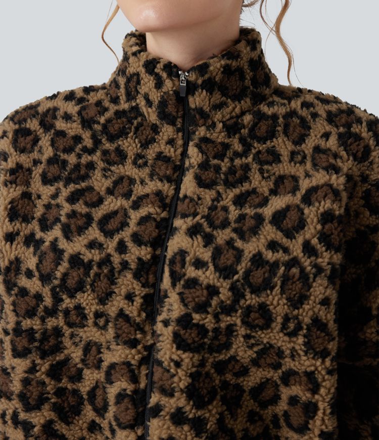 3-in-1 Stand Collar Long Sleeve Thumb Holes Jacket & Drawstring Hem Sherpa Jacket with Pockets