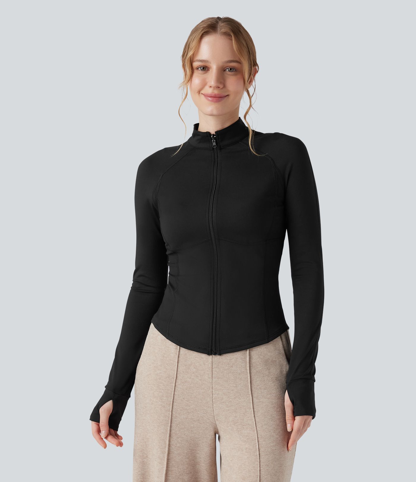 3-in-1 Stand Collar Long Sleeve Thumb Holes Jacket & Drawstring Hem Sherpa Jacket with Pockets