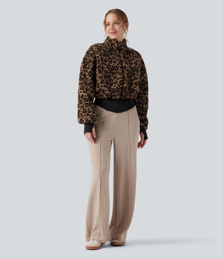 3-in-1 Stand Collar Long Sleeve Thumb Holes Jacket & Drawstring Hem Sherpa Jacket with Pockets