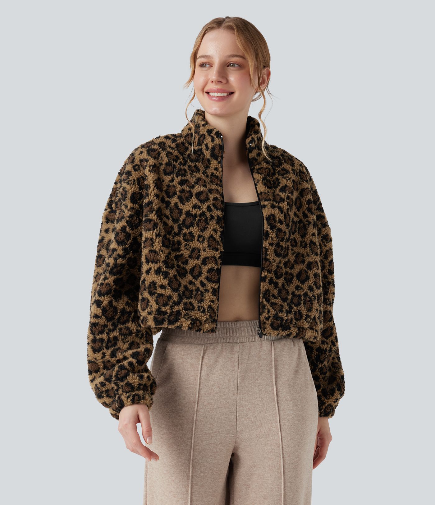 3-in-1 Stand Collar Long Sleeve Thumb Holes Jacket & Drawstring Hem Sherpa Jacket with Pockets