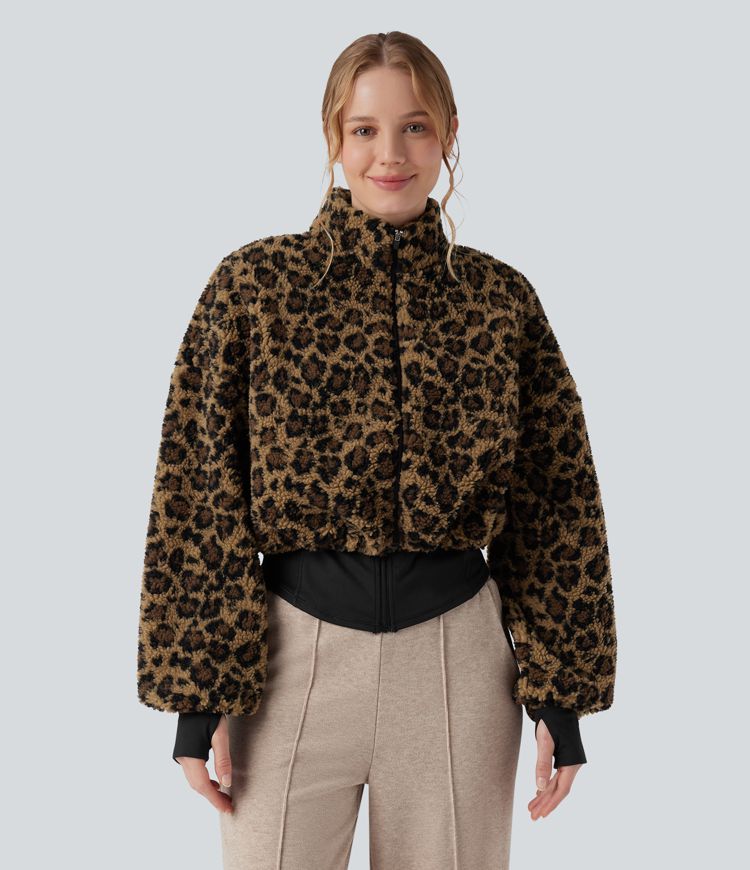 3-in-1 Stand Collar Long Sleeve Thumb Holes Jacket & Drawstring Hem Sherpa Jacket with Pockets