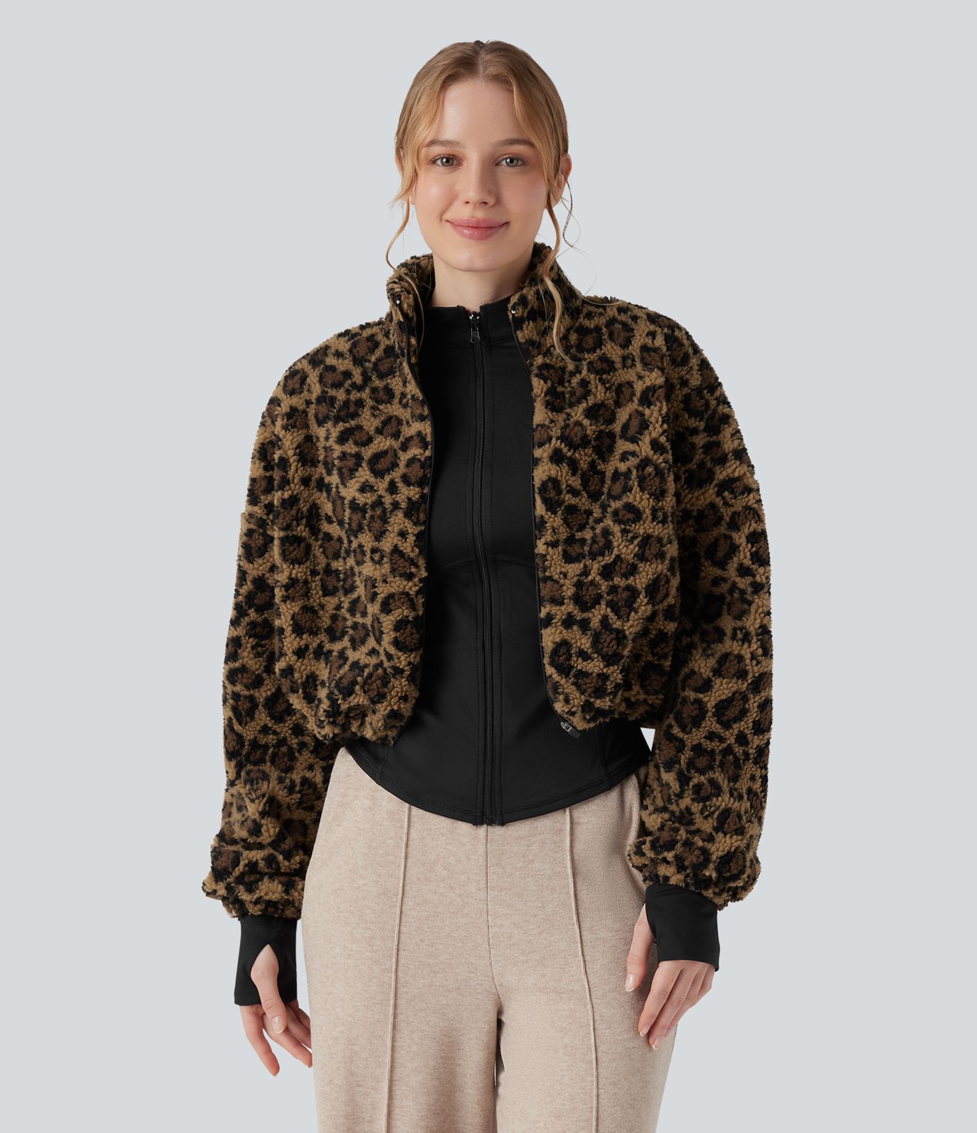 3-in-1 Stand Collar Long Sleeve Thumb Holes Jacket & Drawstring Hem Sherpa Jacket with Pockets