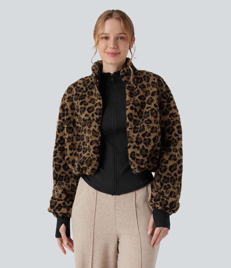 3-in-1 Stand Collar Long Sleeve Thumb Holes Jacket & Drawstring Hem Sherpa Jacket with Pockets