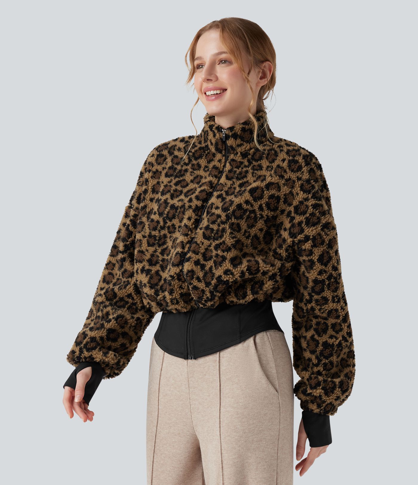 3-in-1 Stand Collar Long Sleeve Thumb Holes Jacket & Drawstring Hem Sherpa Jacket with Pockets