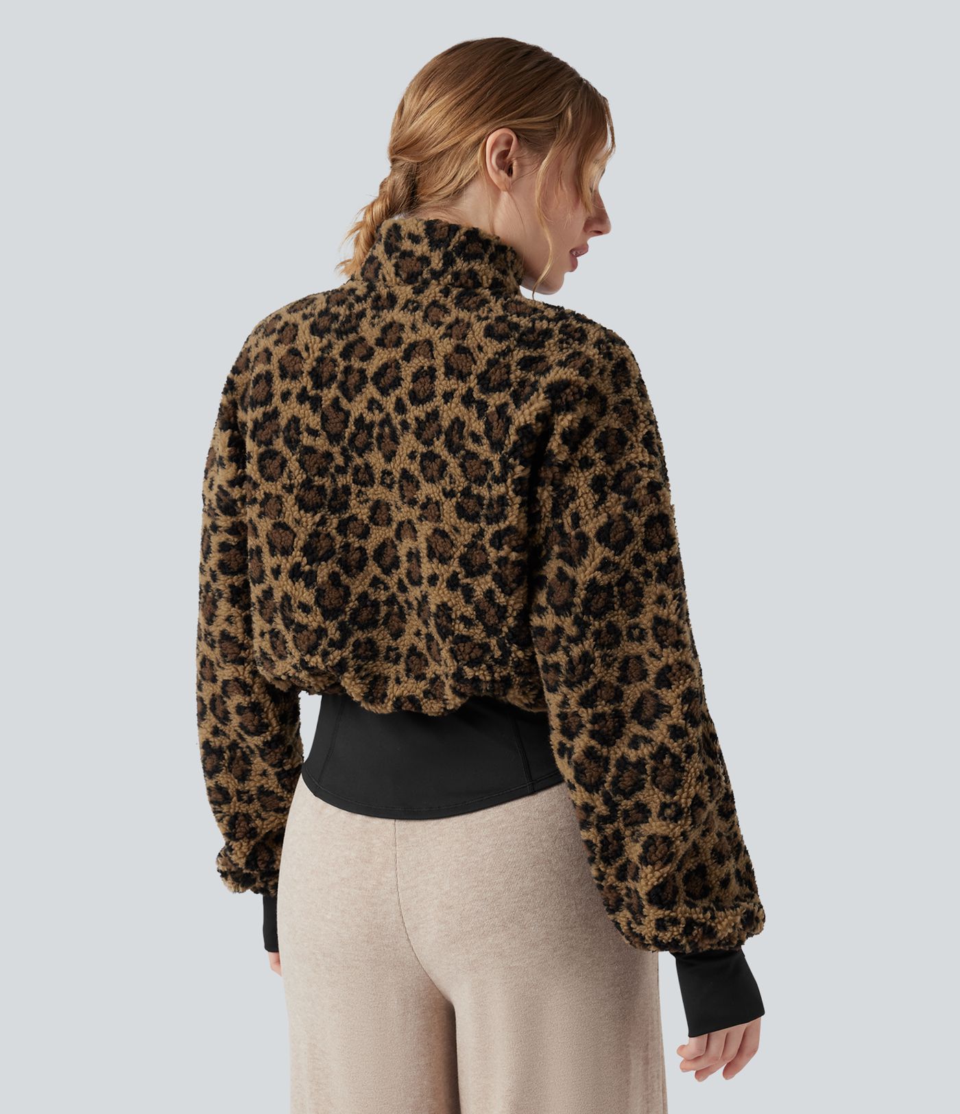 3-in-1 Stand Collar Long Sleeve Thumb Holes Jacket & Drawstring Hem Sherpa Jacket with Pockets