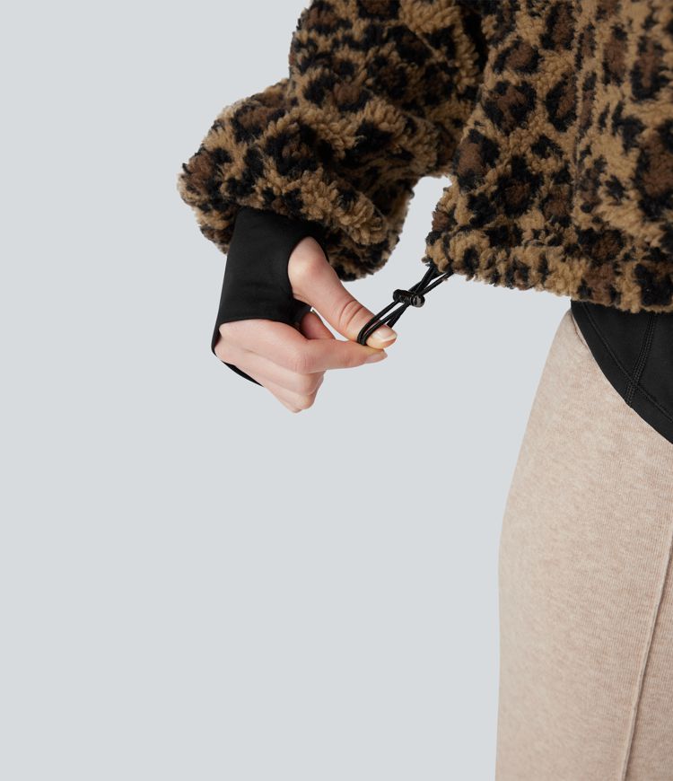 3-in-1 Stand Collar Long Sleeve Thumb Holes Jacket & Drawstring Hem Sherpa Jacket with Pockets