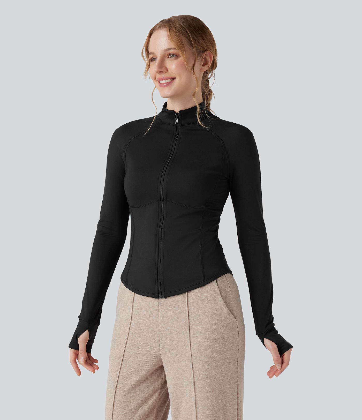 3-in-1 Stand Collar Long Sleeve Thumb Holes Jacket & Drawstring Hem Sherpa Jacket with Pockets