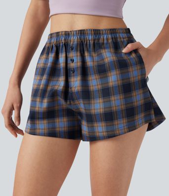 Shorts lounge holgados a cuadros de talle alto con bolsillos.