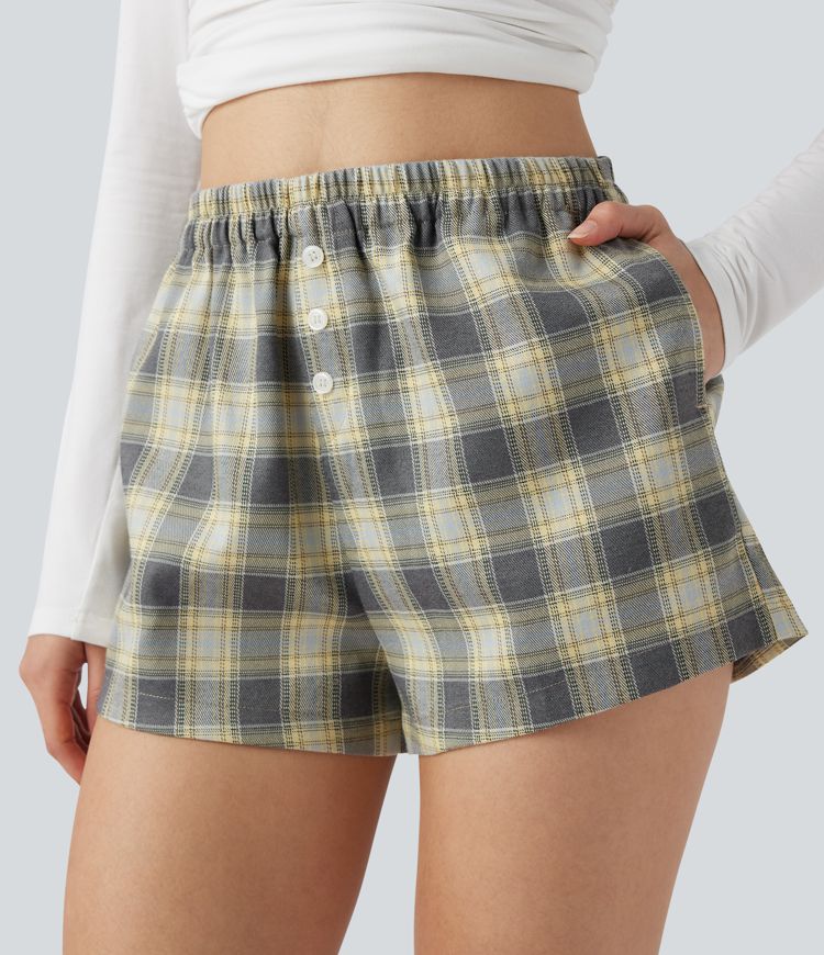 Shorts lounge xadrez, de cintura alta e corte largo, com bolsos