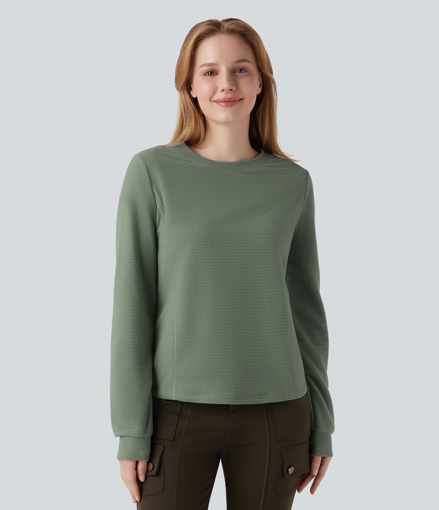 Round Neck Long Sleeve Fleece Casual Packable Sweatshirt with Pocket