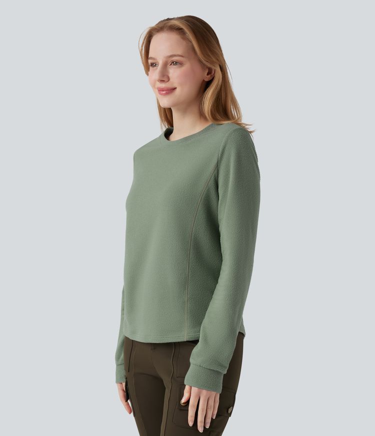 Round Neck Long Sleeve Fleece Casual Packable Sweatshirt with Pocket