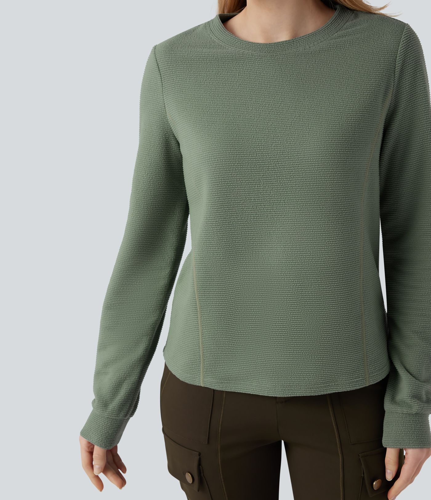 Round Neck Long Sleeve Fleece Casual Packable Sweatshirt with Pocket