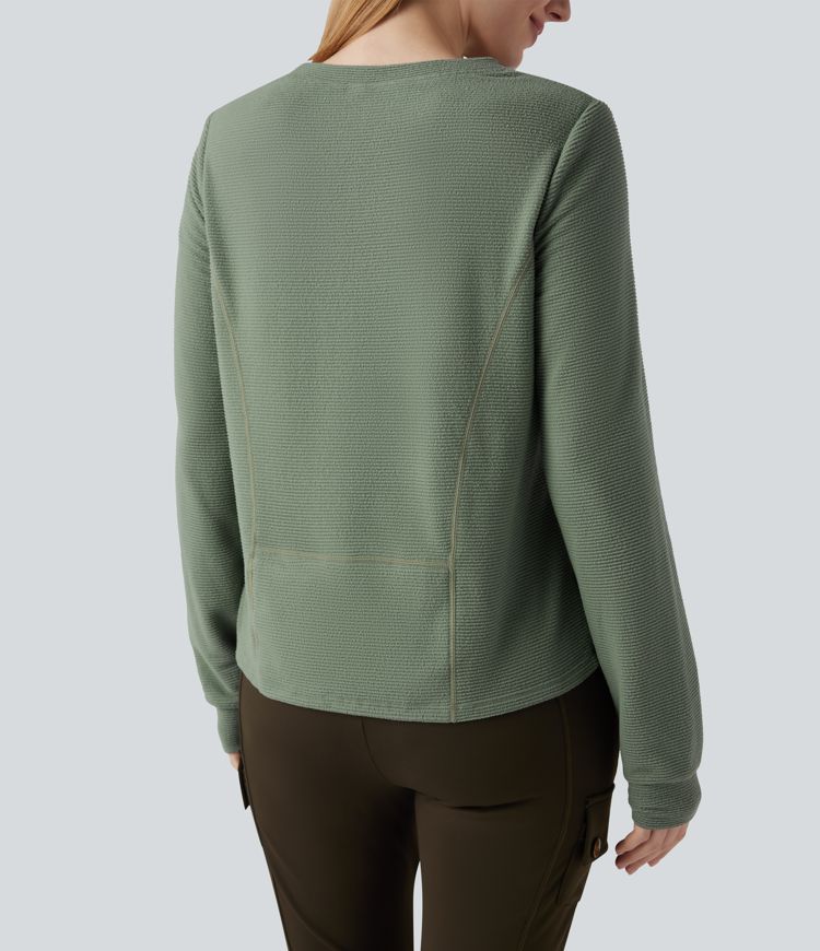 Round Neck Long Sleeve Fleece Casual Packable Sweatshirt with Pocket
