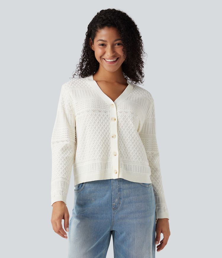 V-kaelusega vabaaja kardigan pikkade varrukatega ja õõnestatud detailidega