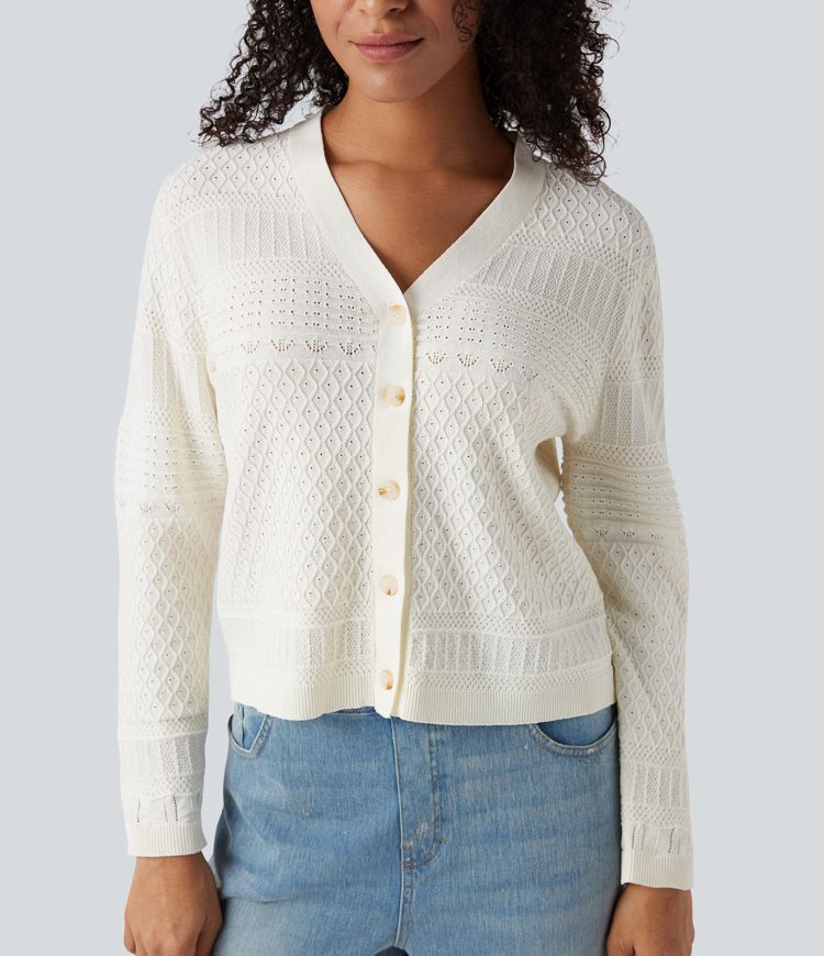 V-kaelusega vabaaja kardigan pikkade varrukatega ja õõnestatud detailidega