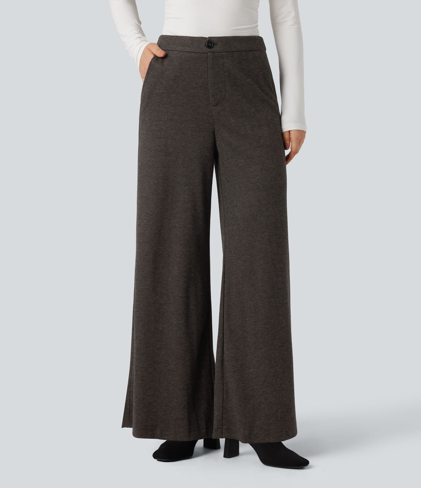 High Waisted Wide Leg Herringbone Work Pants with Pockets