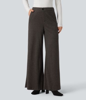 High Waisted Wide Leg Herringbone Work Pants with Pockets