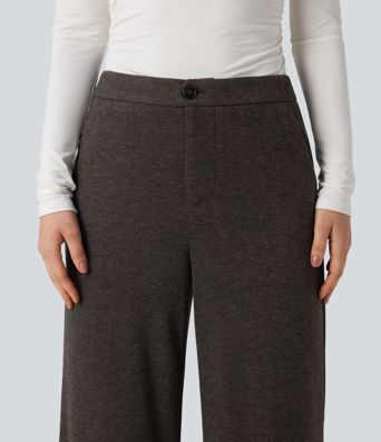 High Waisted Wide Leg Herringbone Work Pants with Pockets