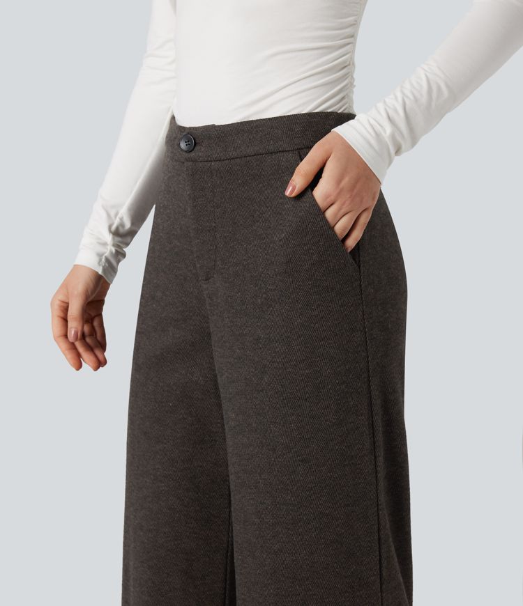 High Waisted Wide Leg Herringbone Work Pants with Pockets