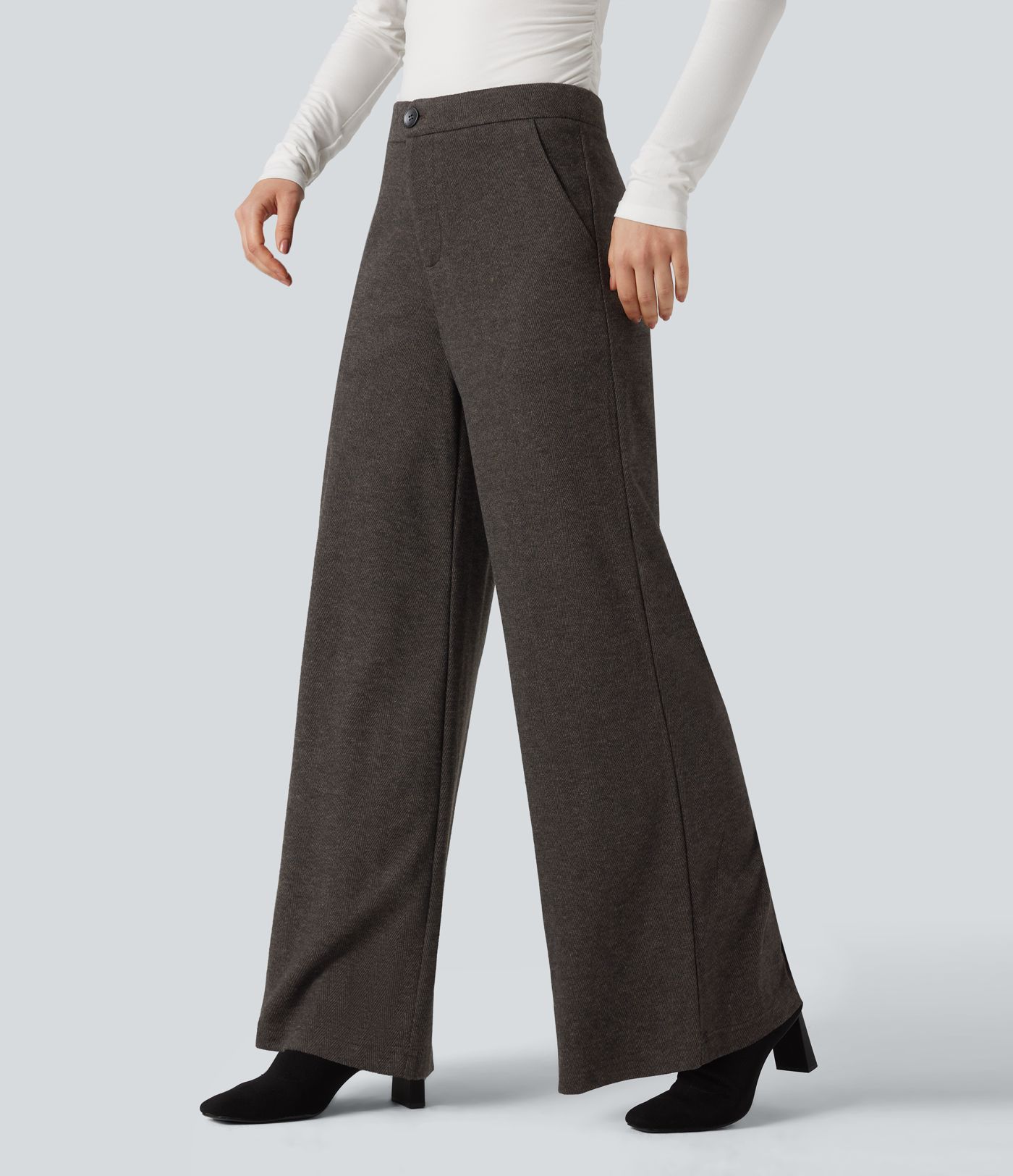High Waisted Wide Leg Herringbone Work Pants with Pockets