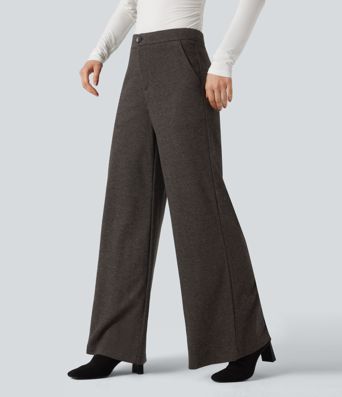 High Waisted Wide Leg Herringbone Work Pants with Pockets