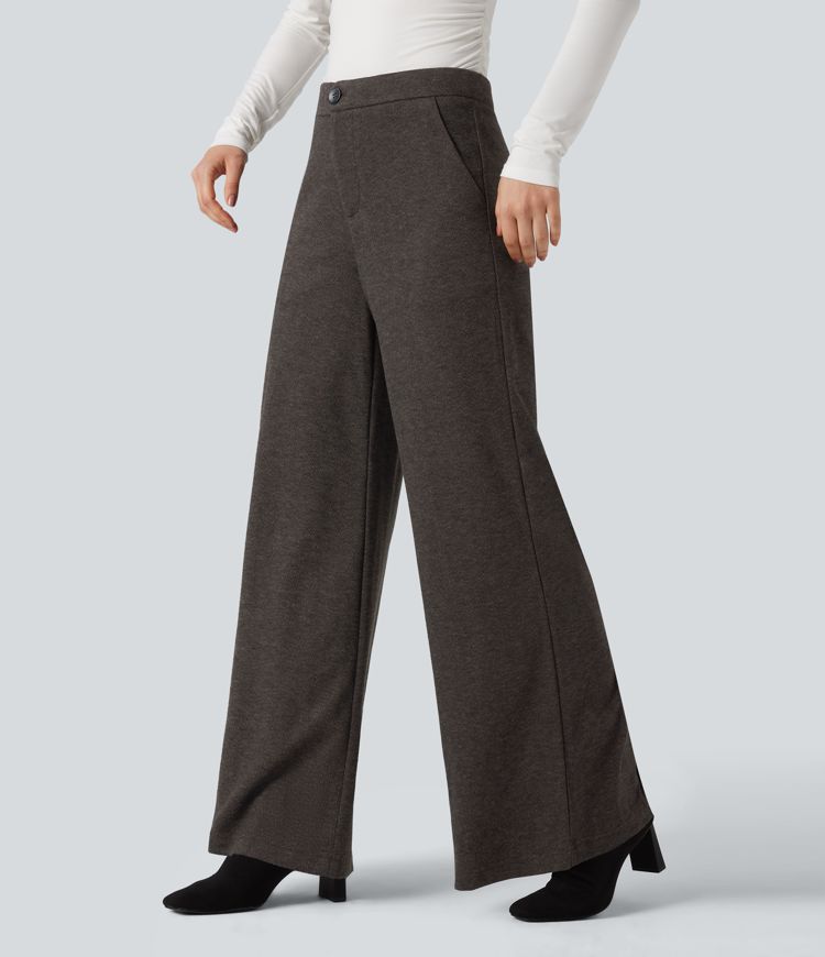 High Waisted Wide Leg Herringbone Work Pants with Pockets