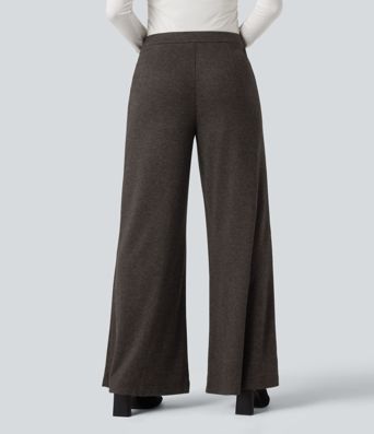 High Waisted Wide Leg Herringbone Work Pants with Pockets