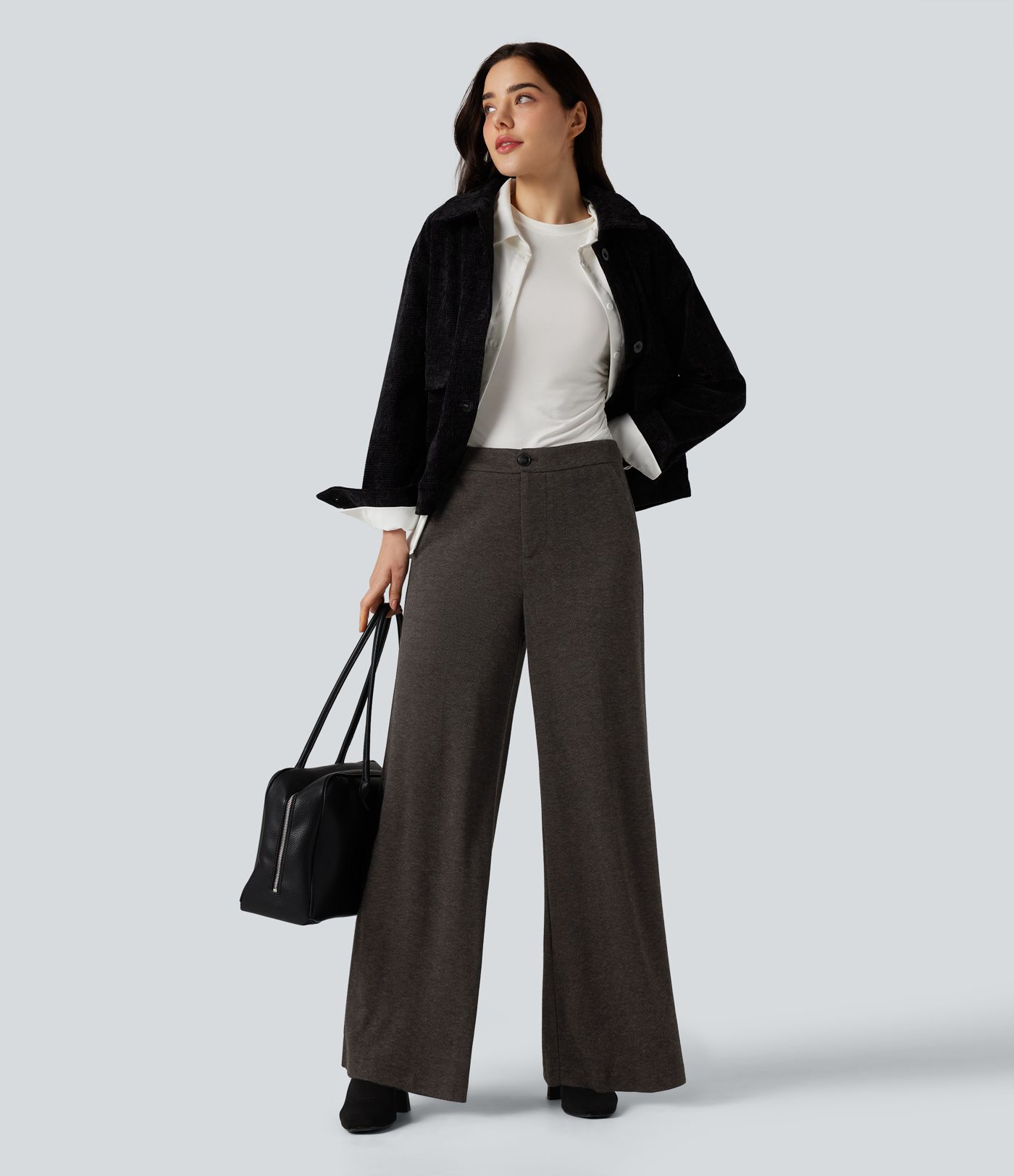 High Waisted Wide Leg Herringbone Work Pants with Pockets