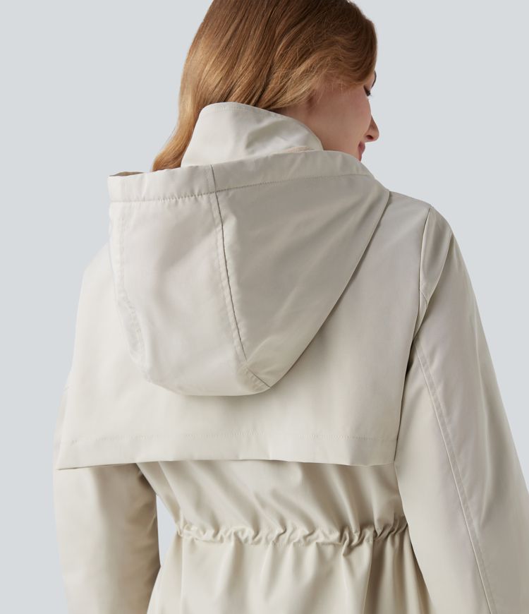 Water Repellent Hooded Drawstring Fleece Casual Parka Sherpa Jacket with Pockets