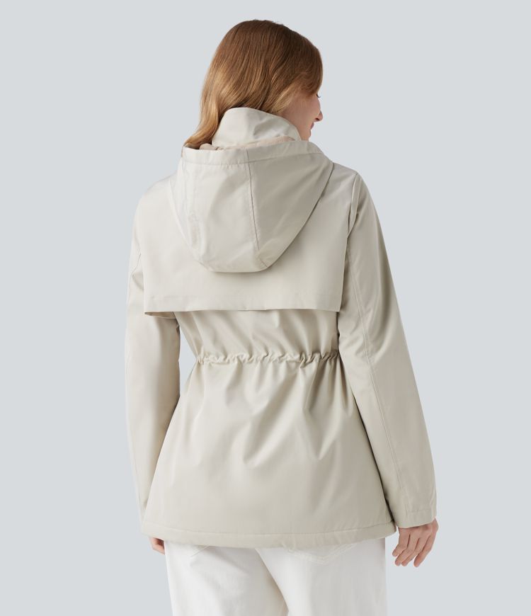 Water Repellent Hooded Drawstring Fleece Casual Parka Sherpa Jacket with Pockets