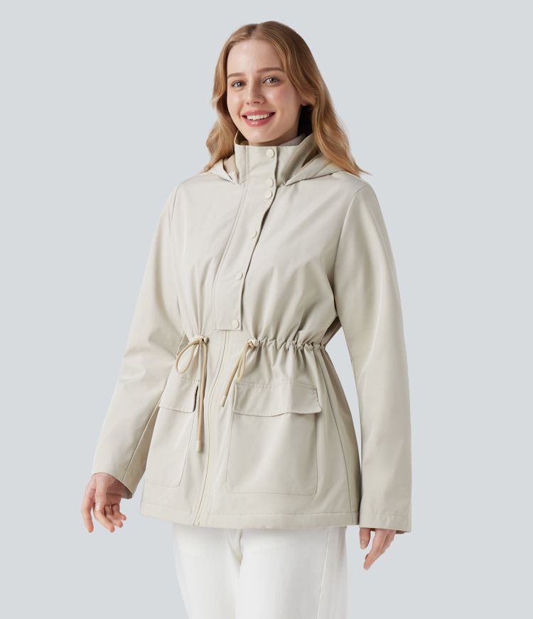 Water Repellent Hooded Drawstring Fleece Casual Parka Sherpa Jacket with Pockets