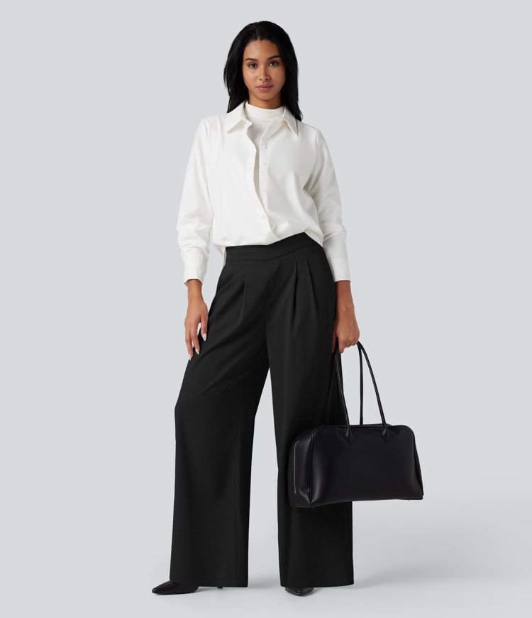 Crossover High Waisted Work Baggy Trousers with Pockets