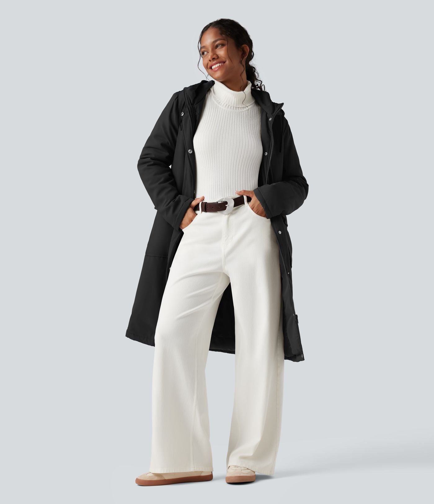 Wasserabweisende, lässige, gepolsterte Kapuzenjacke mit Kordelzug, langen Ärmeln, verlängertem Schnitt und Taschen