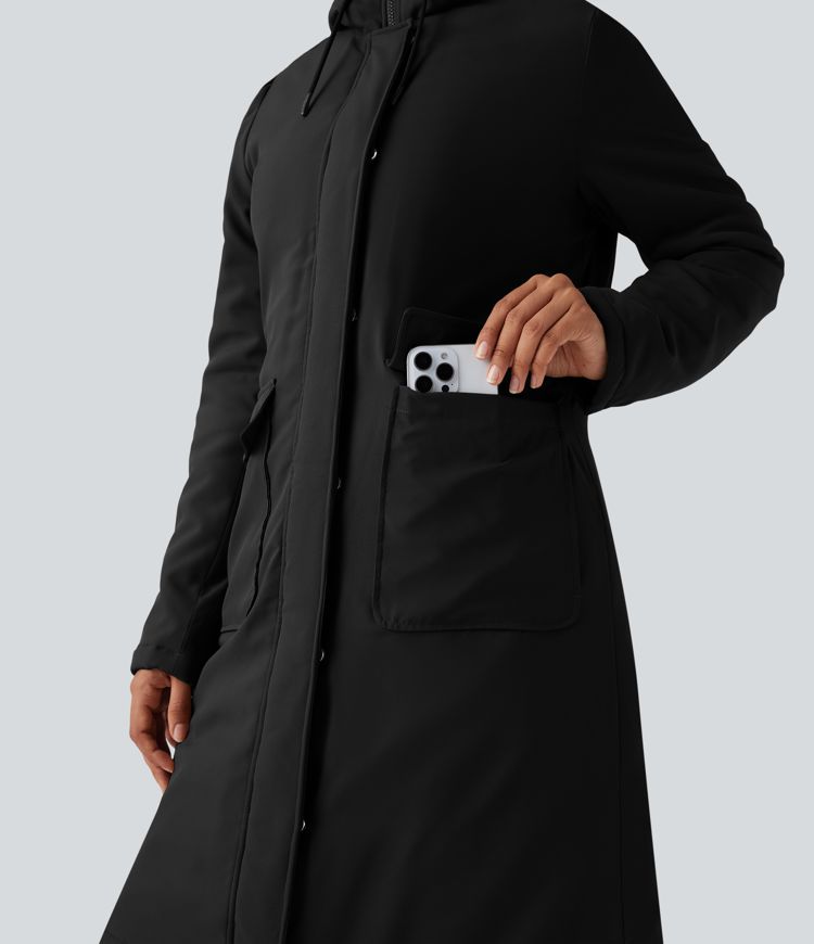 Wasserabweisende, lässige, gepolsterte Kapuzenjacke mit Kordelzug, langen Ärmeln, verlängertem Schnitt und Taschen