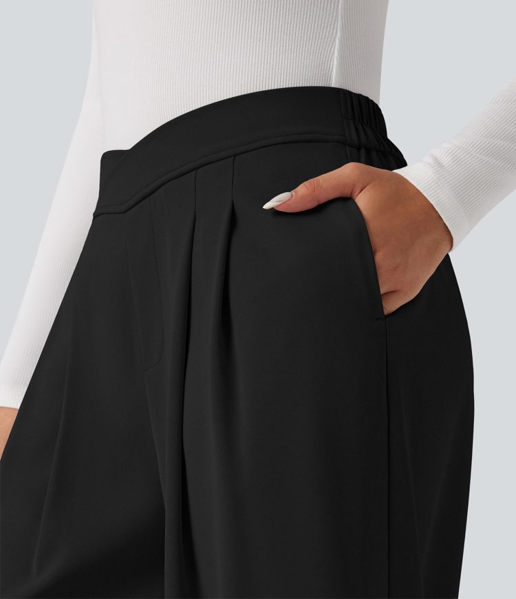 Crossover High Waisted Work Baggy Trousers with Pockets