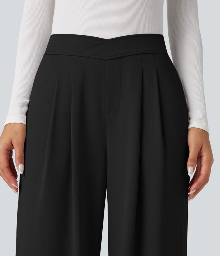 Crossover High Waisted Work Baggy Trousers with Pockets